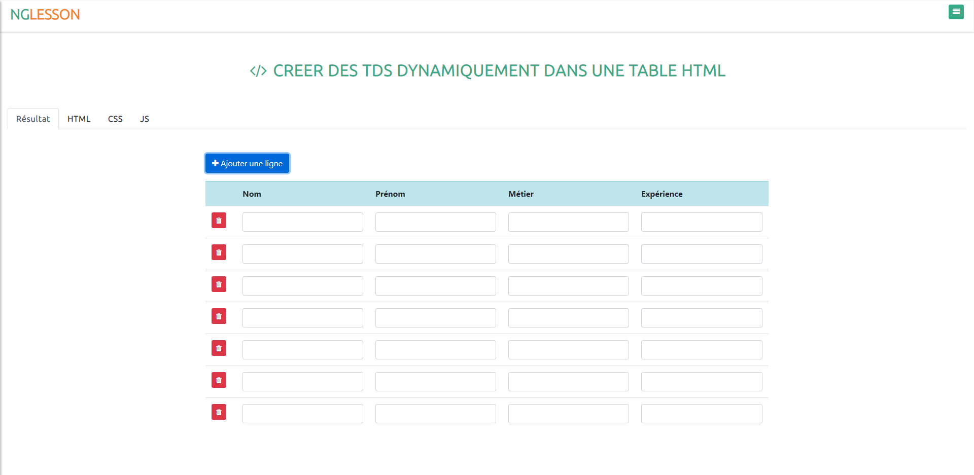 Créer des tds dynamiquement dans une table html