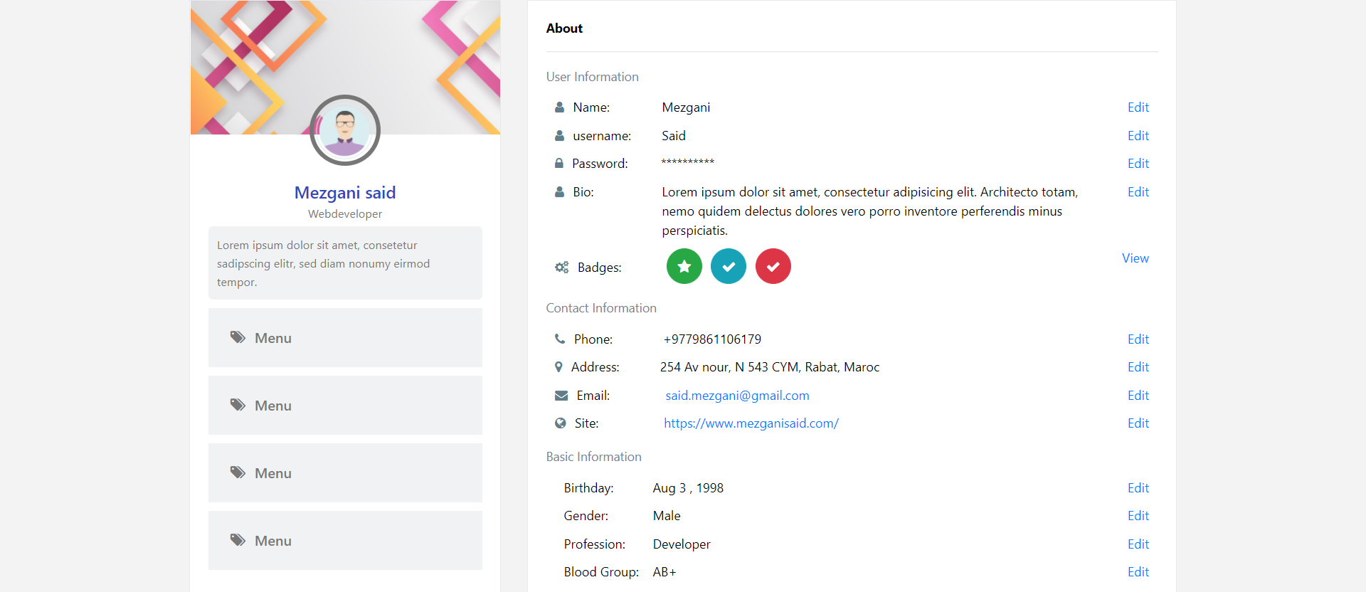 Profile page with b4